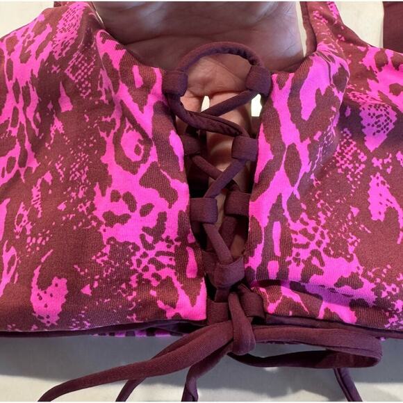 Maaji Size Medium Reversible Burgundy Animal Print Lace Up Swim Top - Picture 8 of 11